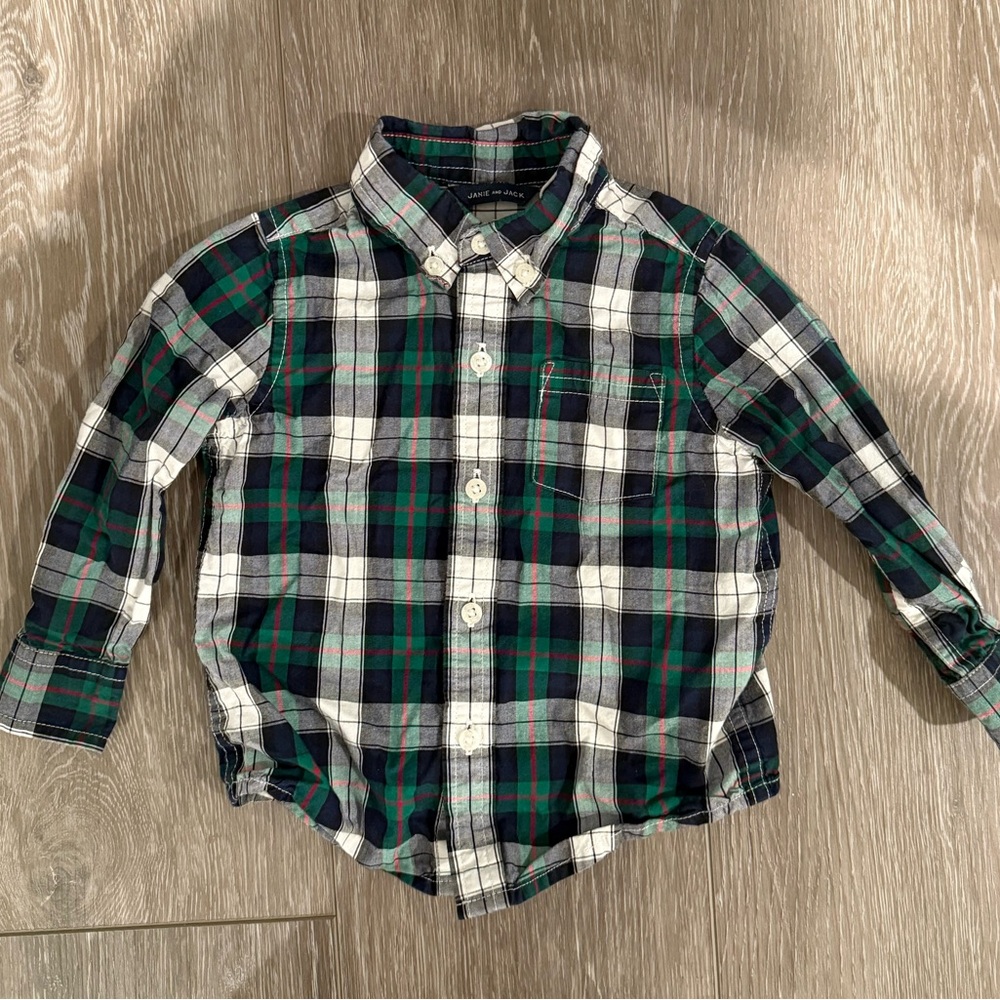 Janie and Jack Green White and Red Plaid Button Down Shirt